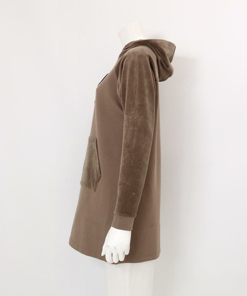 フワリ刺繍発熱チュニック丈パーカー(ブラウン)横