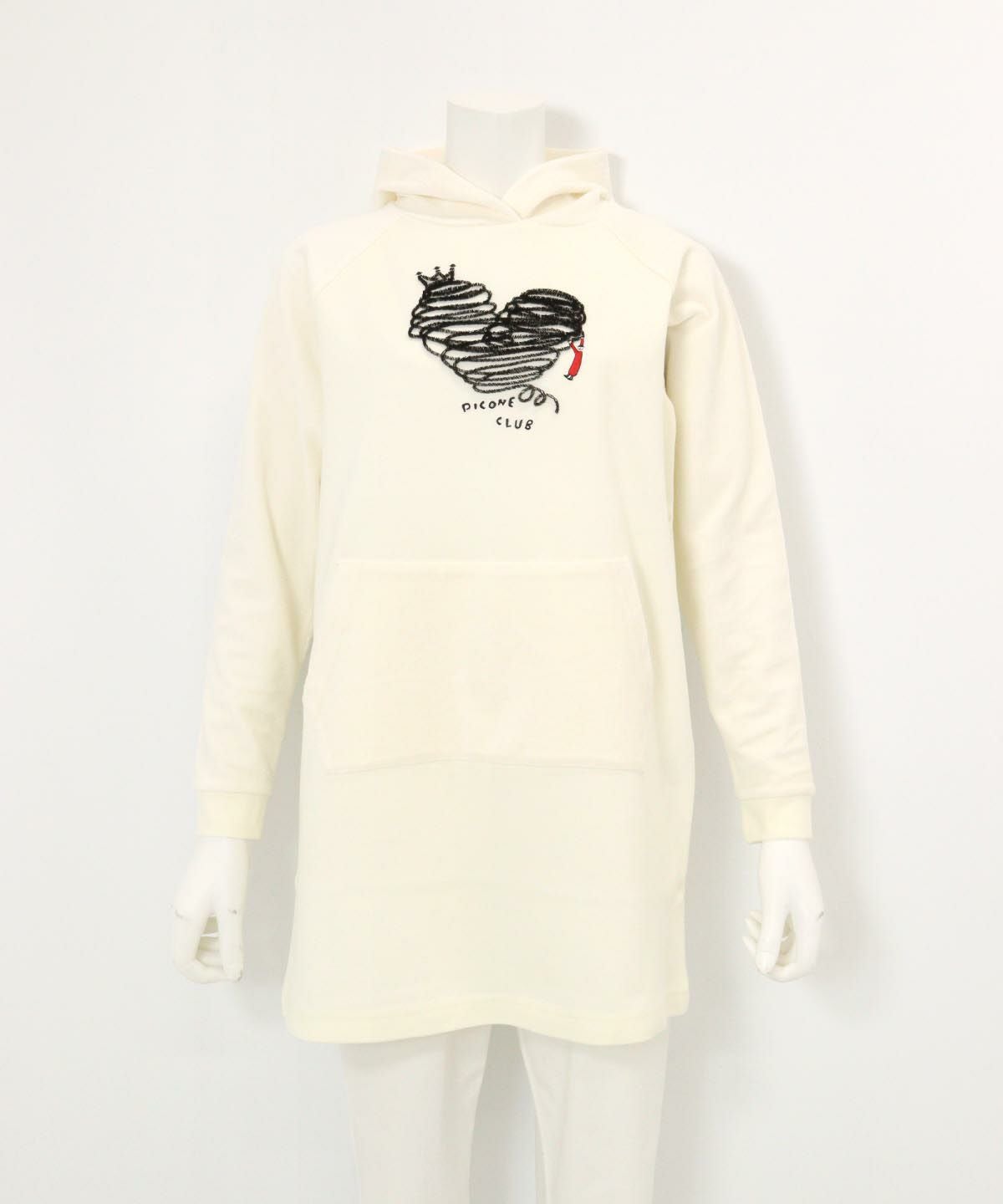 フワリ刺繍発熱チュニック丈パーカー(ホワイト)前