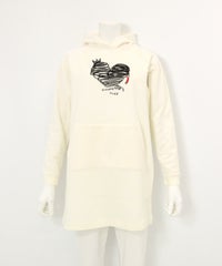 フワリ刺繍発熱チュニック丈パーカー(ホワイト)前