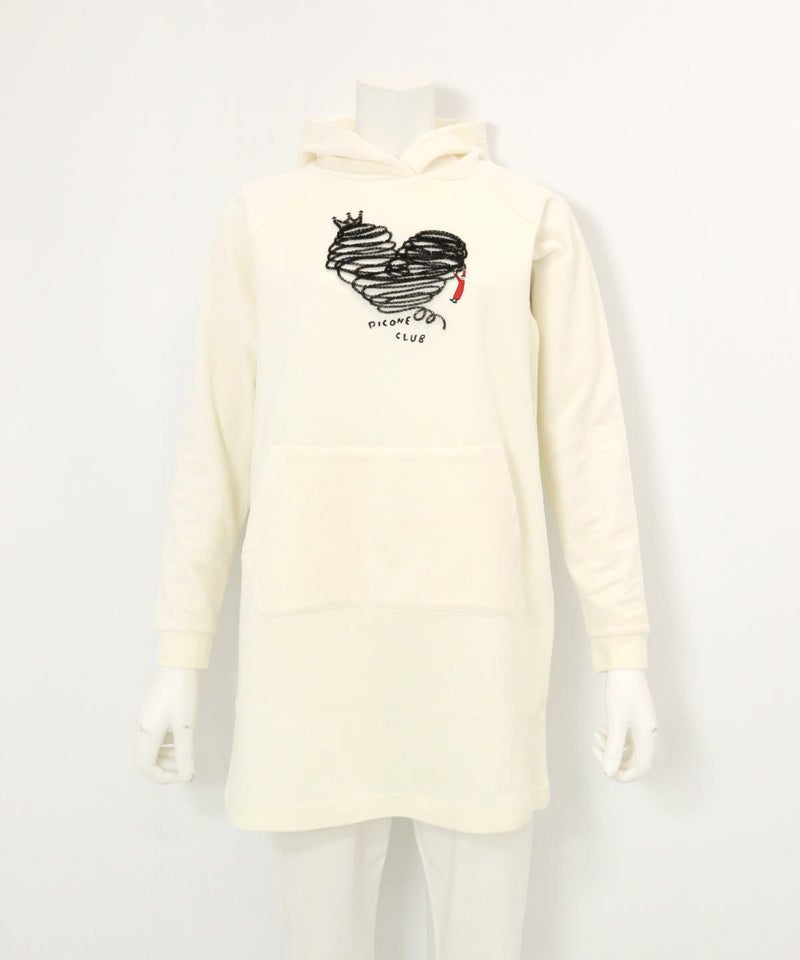 フワリ刺繍発熱チュニック丈パーカー(ホワイト)前