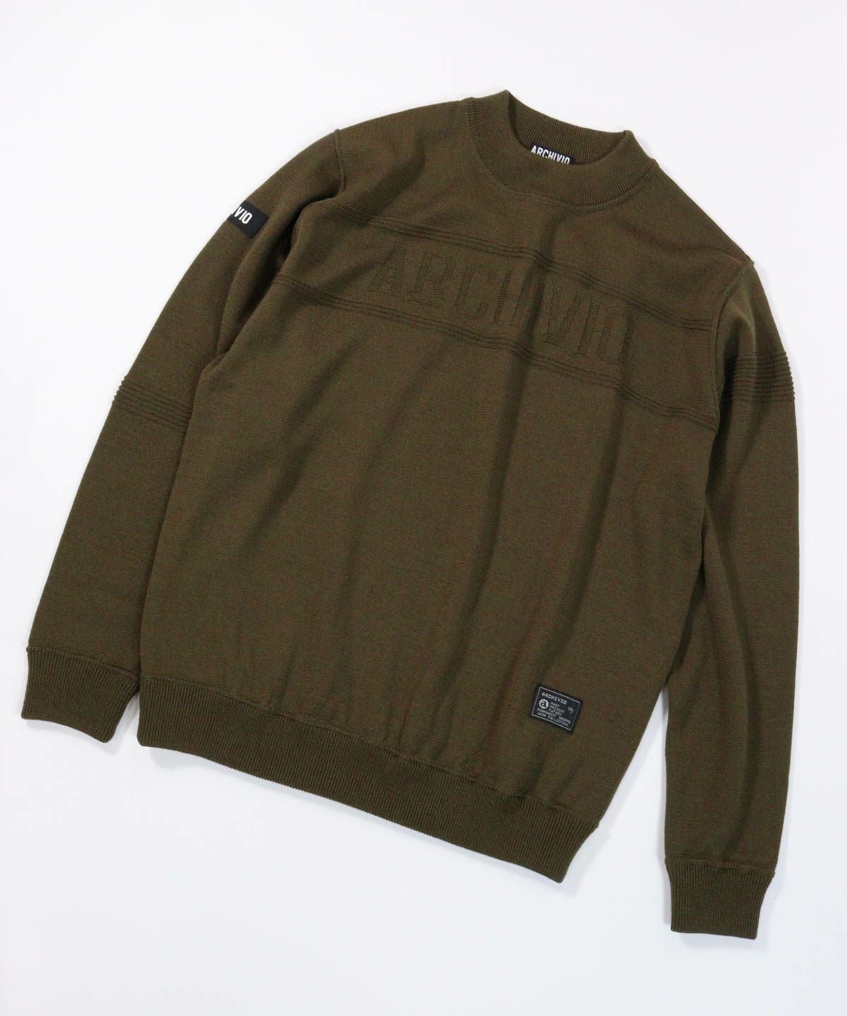 【メンズ】ウール100％地柄編みロゴニット（カーキ）