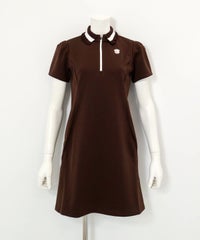  リブフリル襟ジップワンピース（ブラウン）