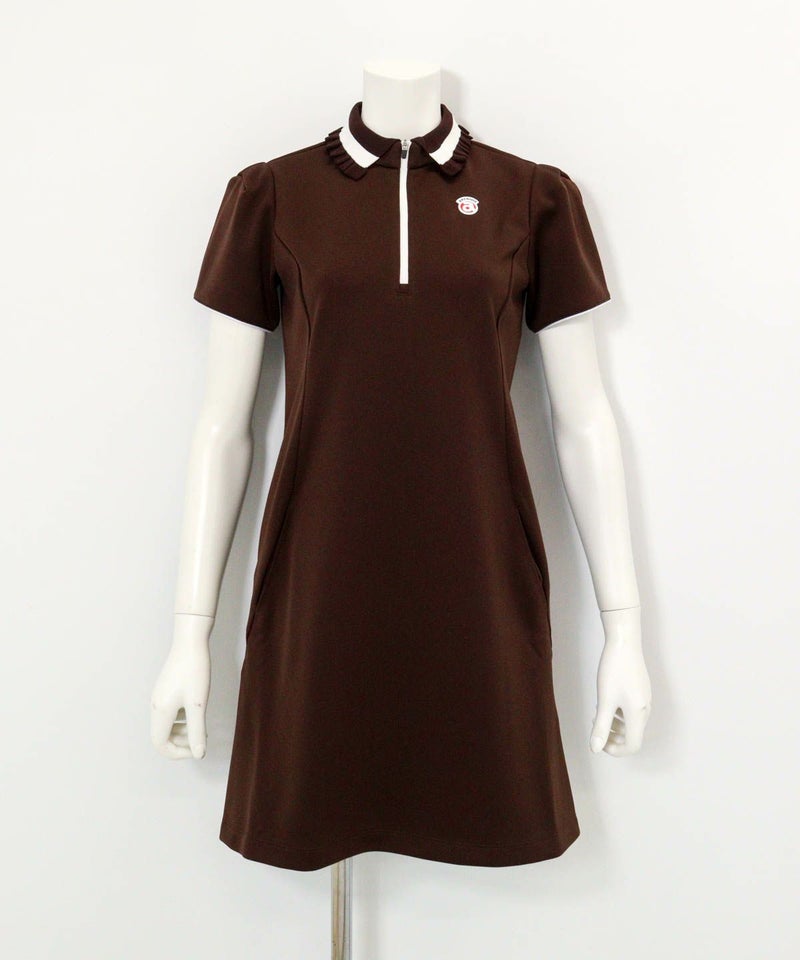  リブフリル襟ジップワンピース（ブラウン）