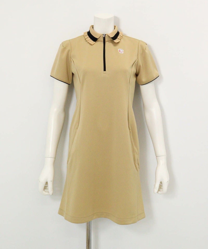  リブフリル襟ジップワンピース（ベージュ）