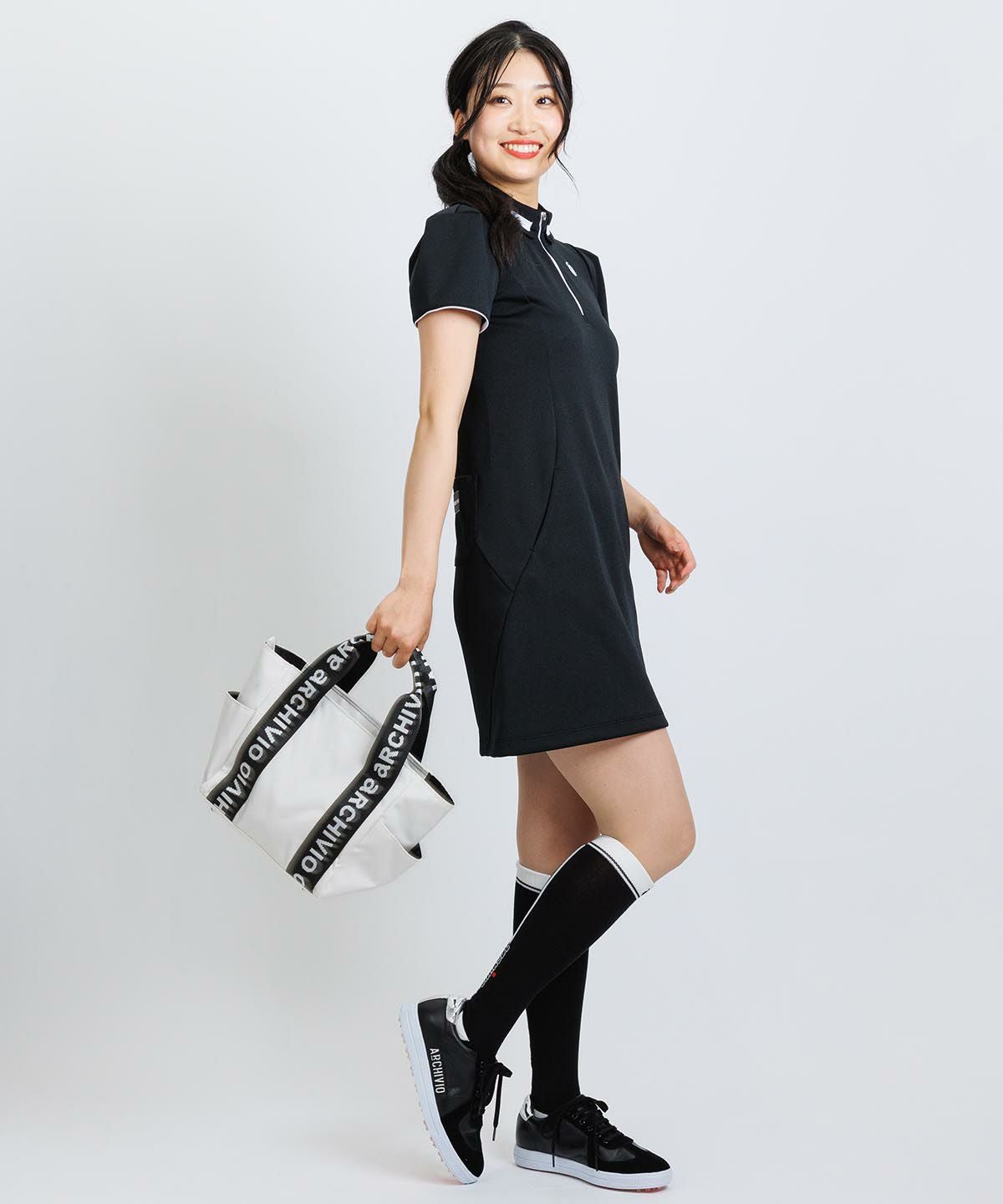 新品 アルチビオ ワンピース サイズ40 黒 ゴルフウェア レディース リブフリル襟ジップワンピース|アルチビオ - ゴルフウェアや婦人服通販