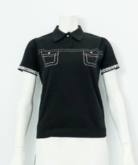 ステッチ風プリントニットポロシャツ（ブラック）