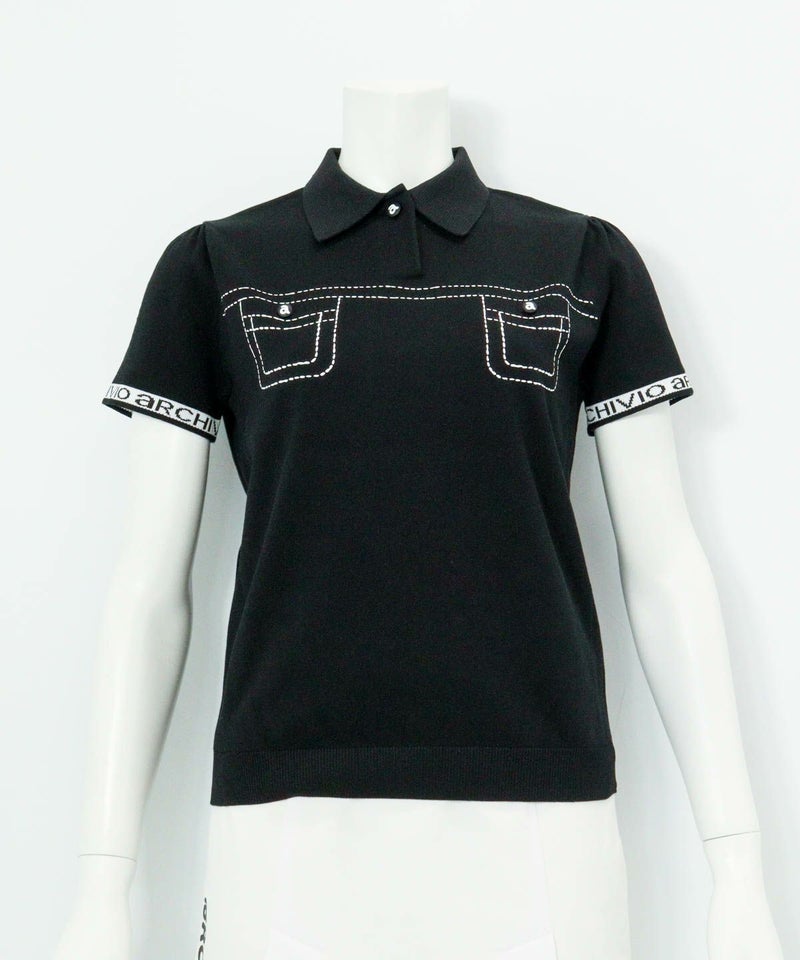 ステッチ風プリントニットポロシャツ（ブラック）