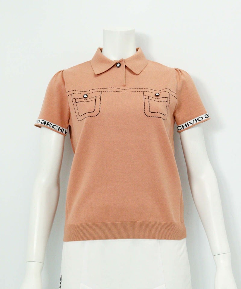ステッチ風プリントニットポロシャツ（テラコッタ）