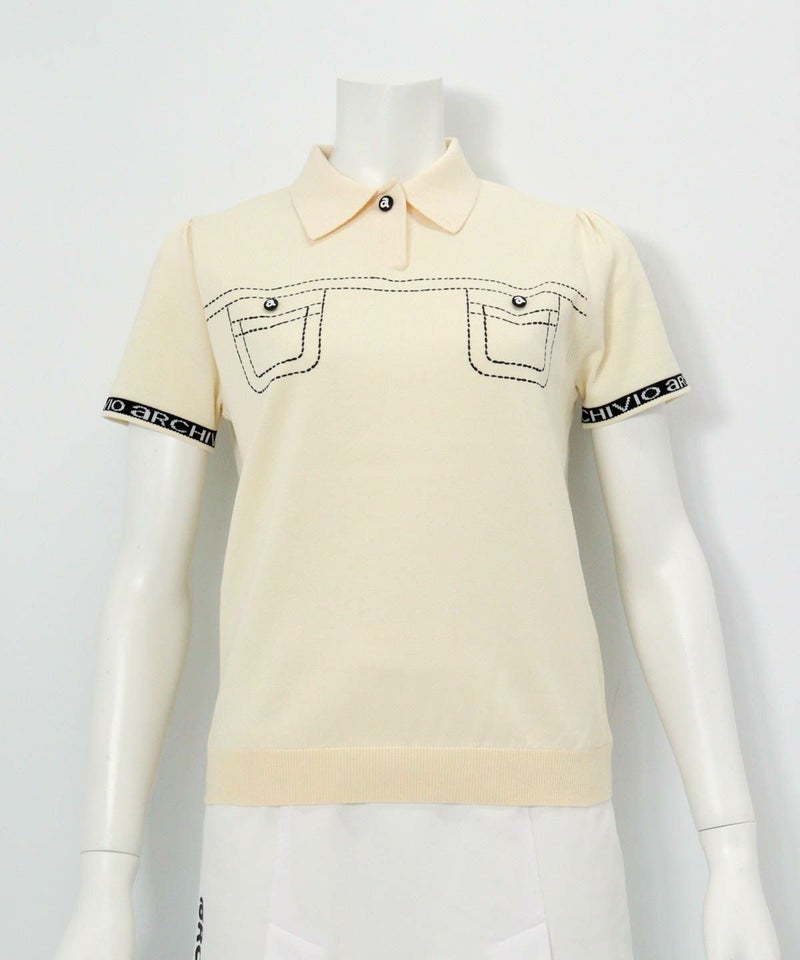 ステッチ風プリントニットポロシャツ（アイボリー）