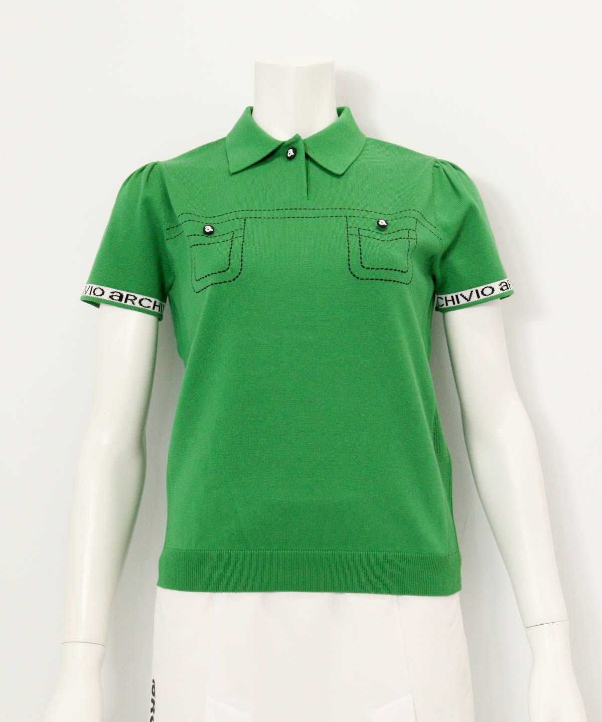 ステッチ風プリントニットポロシャツ（グリーン）