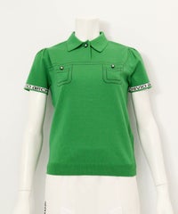 ステッチ風プリントニットポロシャツ（グリーン）