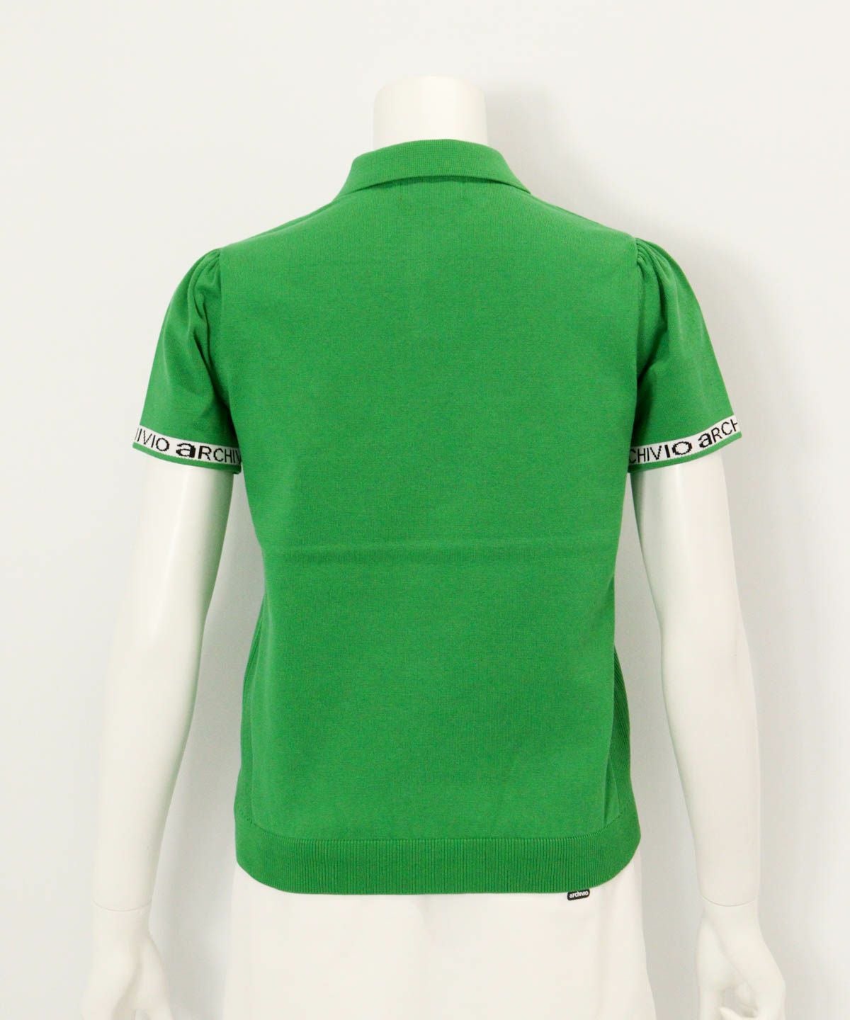 ステッチ風プリントニットポロシャツ後（グリーン）