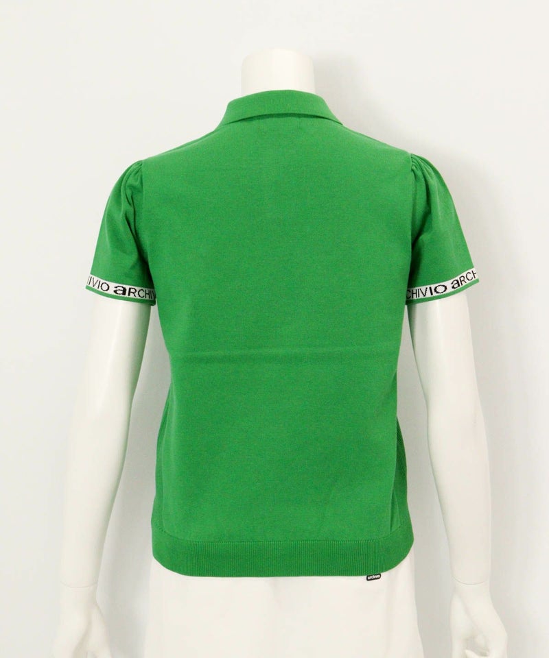 ステッチ風プリントニットポロシャツ後（グリーン）