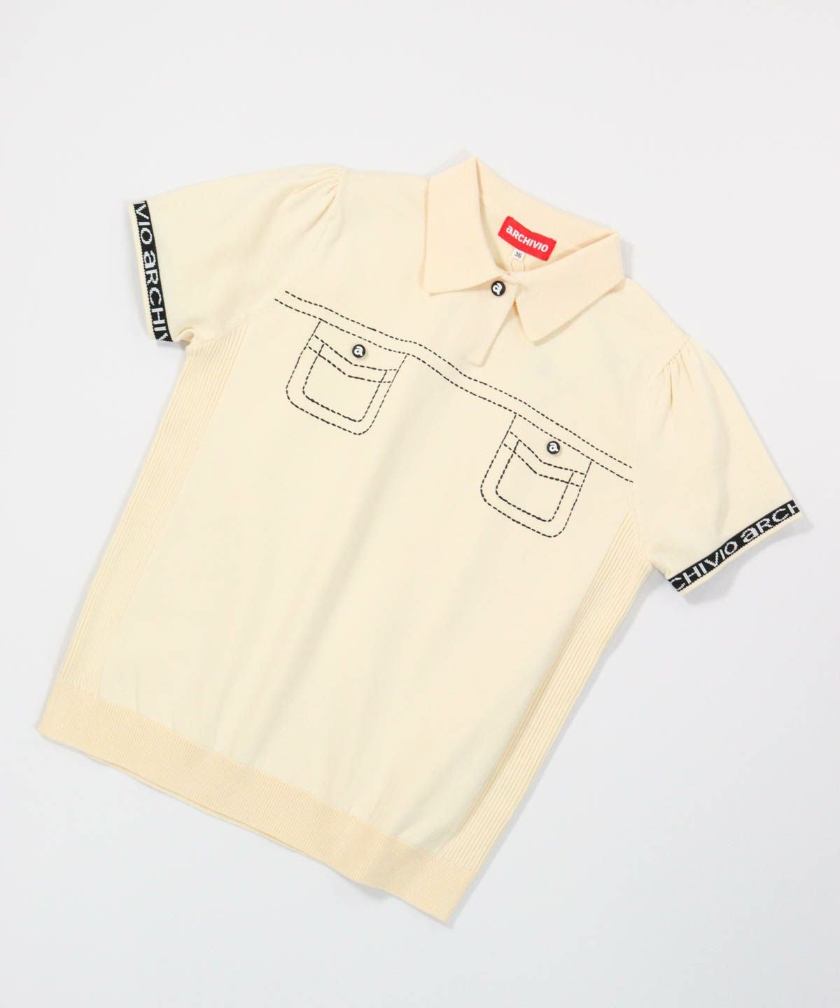 ステッチ風プリントニットポロシャツ（アイボリー）