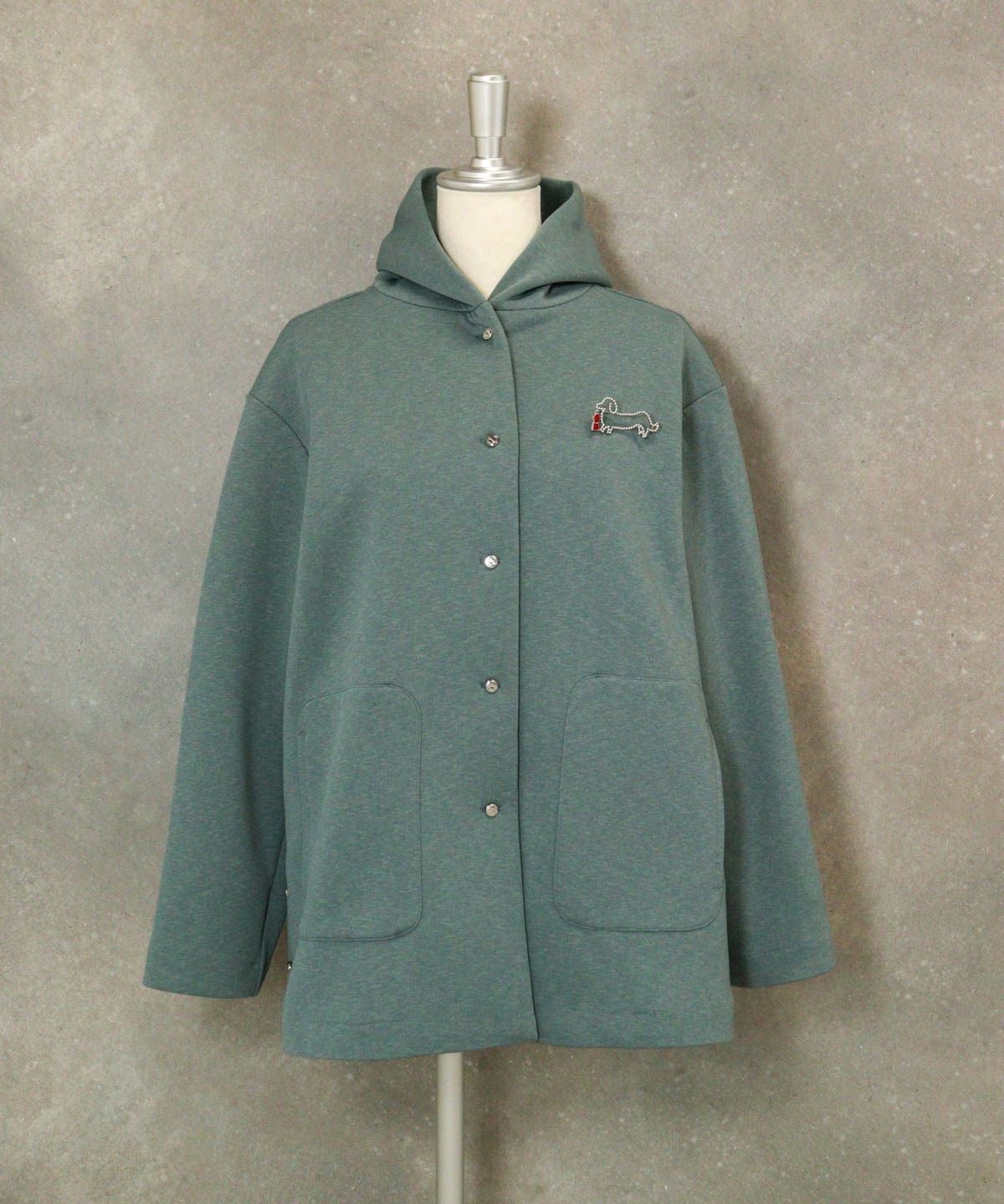 ブローチ付フードコート（グリーングレー）