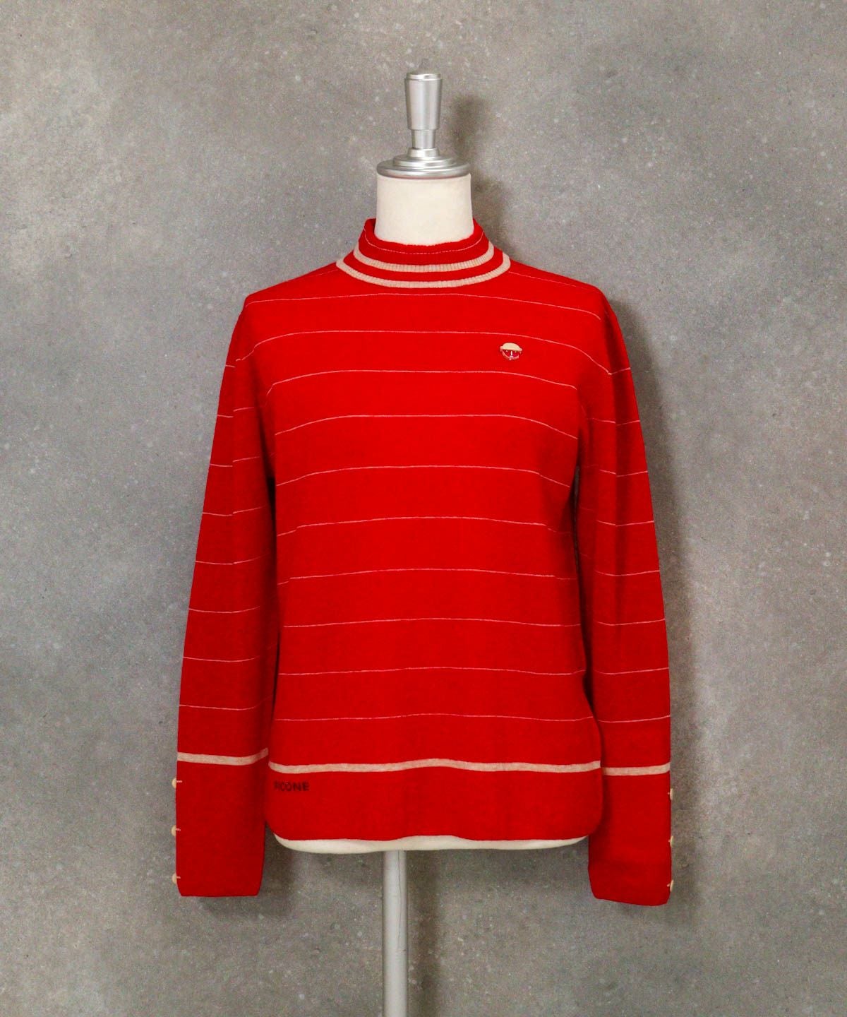 ウール100％細ボーダーニット（レッド）