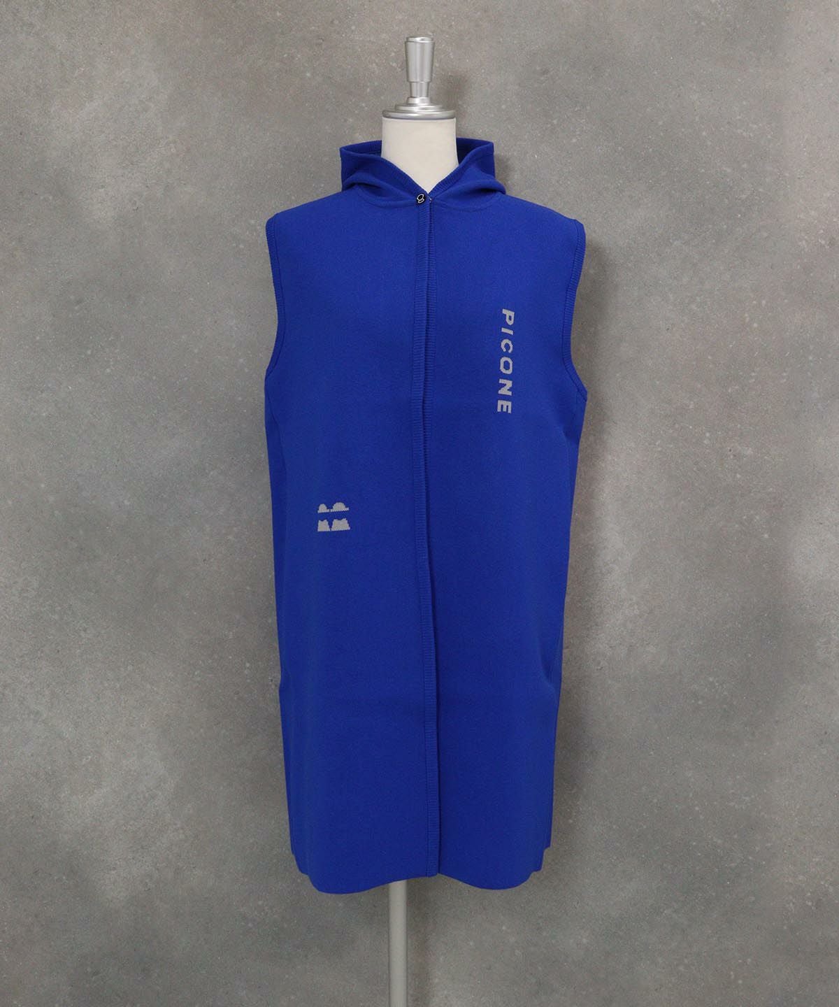 フード付ロングニットベスト(ブルー)前