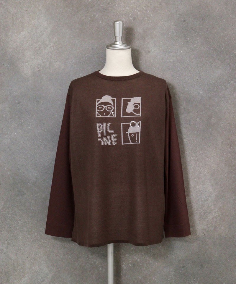 異素材切替イラストニット（ブラウン）