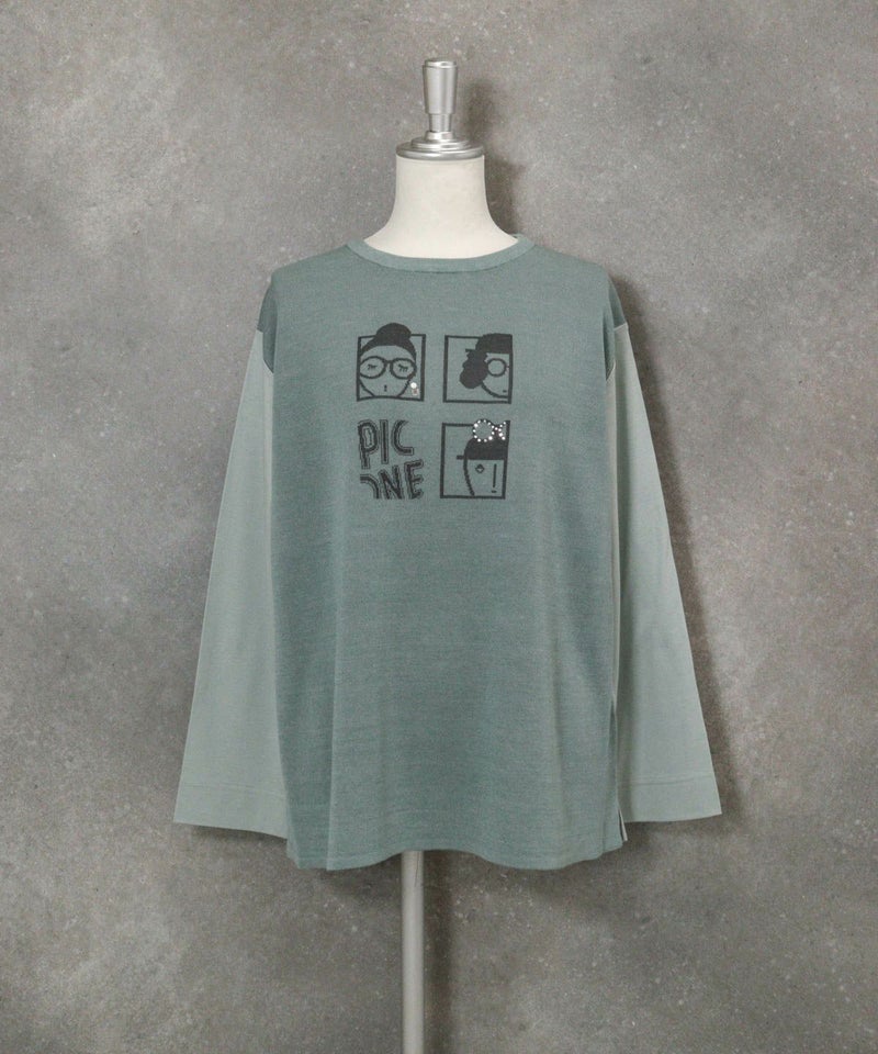 異素材切替イラストニット（グリーン）