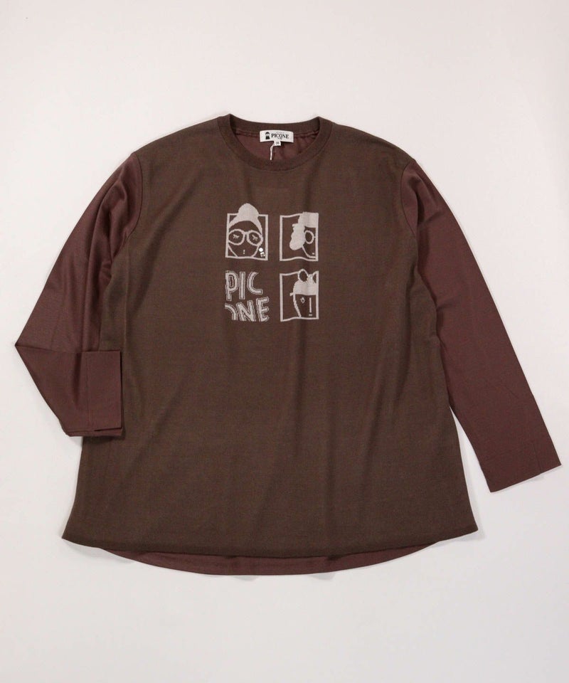 異素材切替イラストニット（ブラウン）