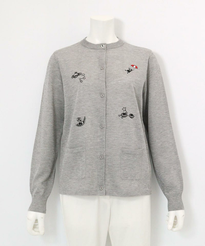 ラメニット刺繍カーディガン(ライトグレー)前