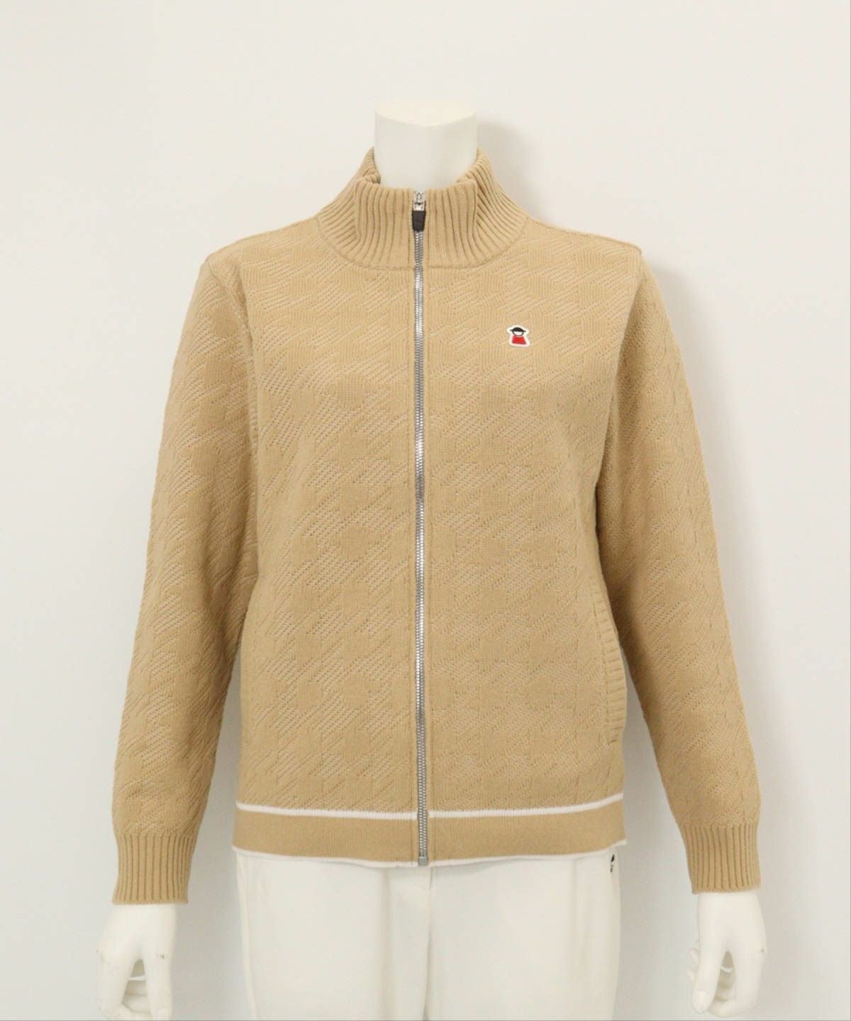 ウール混千鳥柄ニットブルゾン（ベージュ）