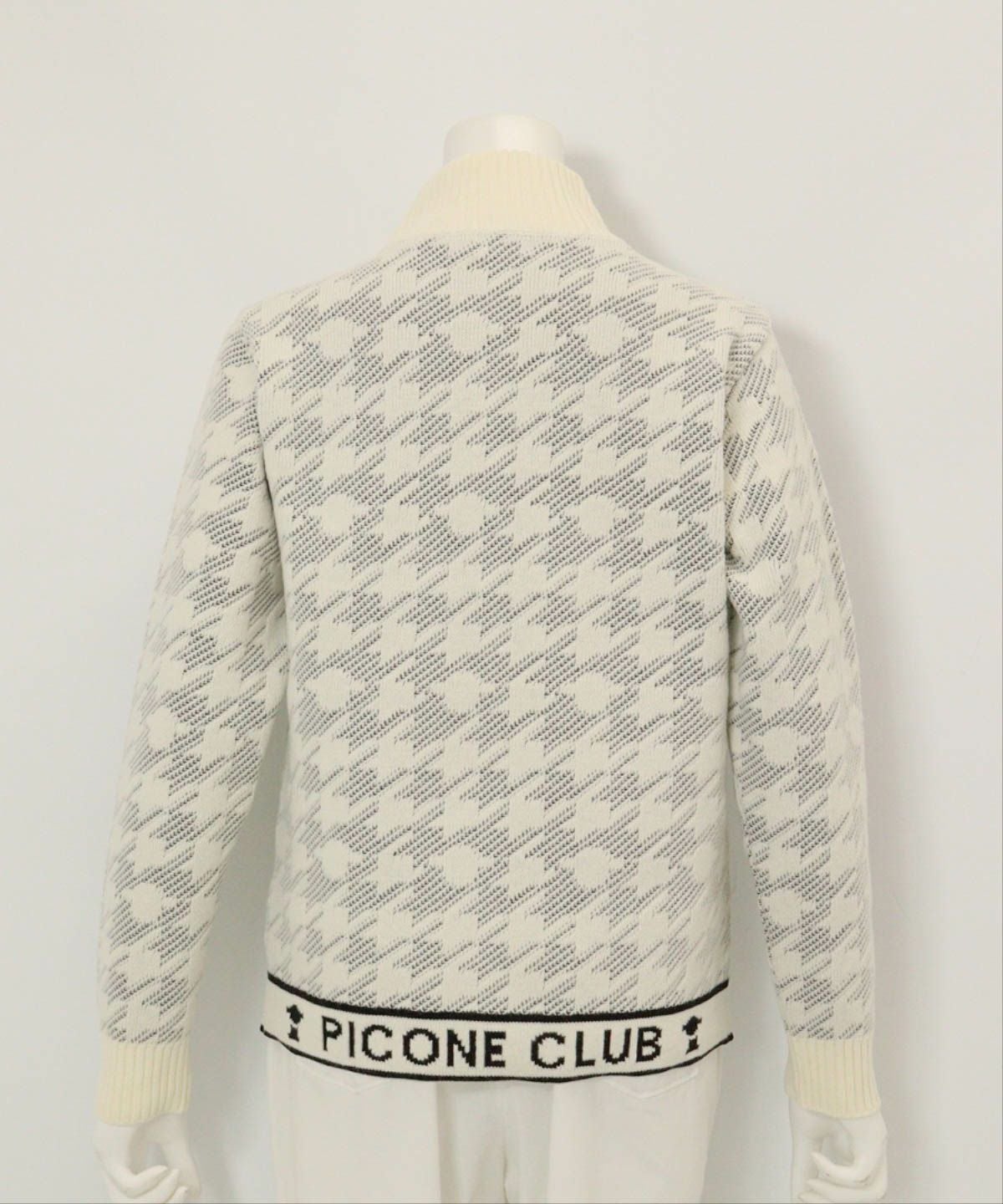 ウール混千鳥柄ニットブルゾン後（ホワイト）