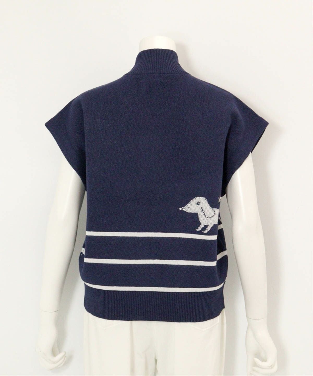  コットン混DOG柄ニットベスト後（ネイビー）