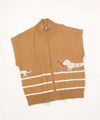  コットン混DOG柄ニットベスト（キャメル）