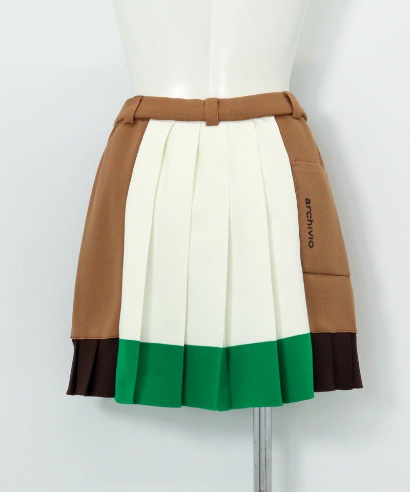  配色ニットプリーツスカート後（ホワイト×グリーン）