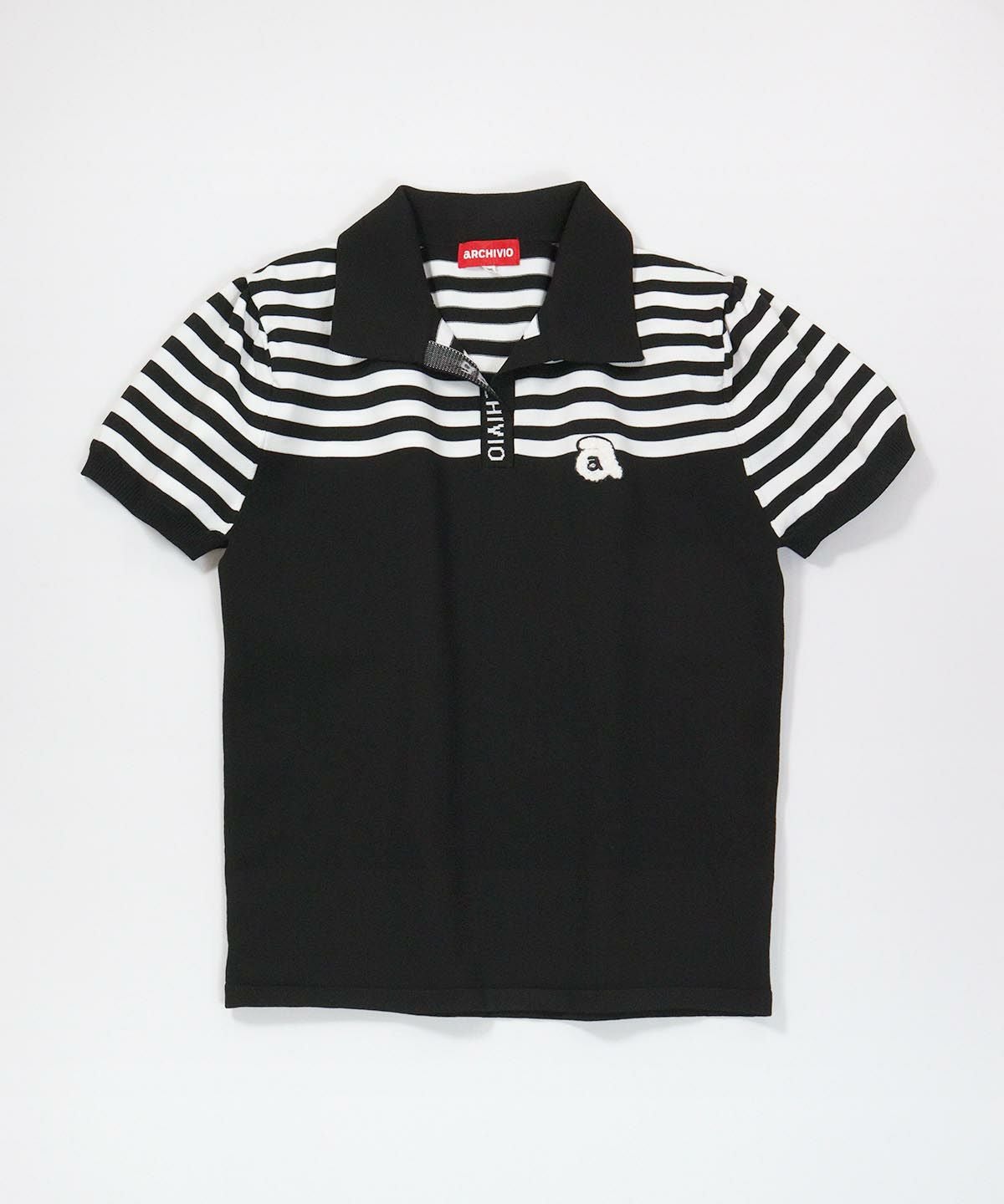 ボーダー切替ニットポロシャツ（ブラック）