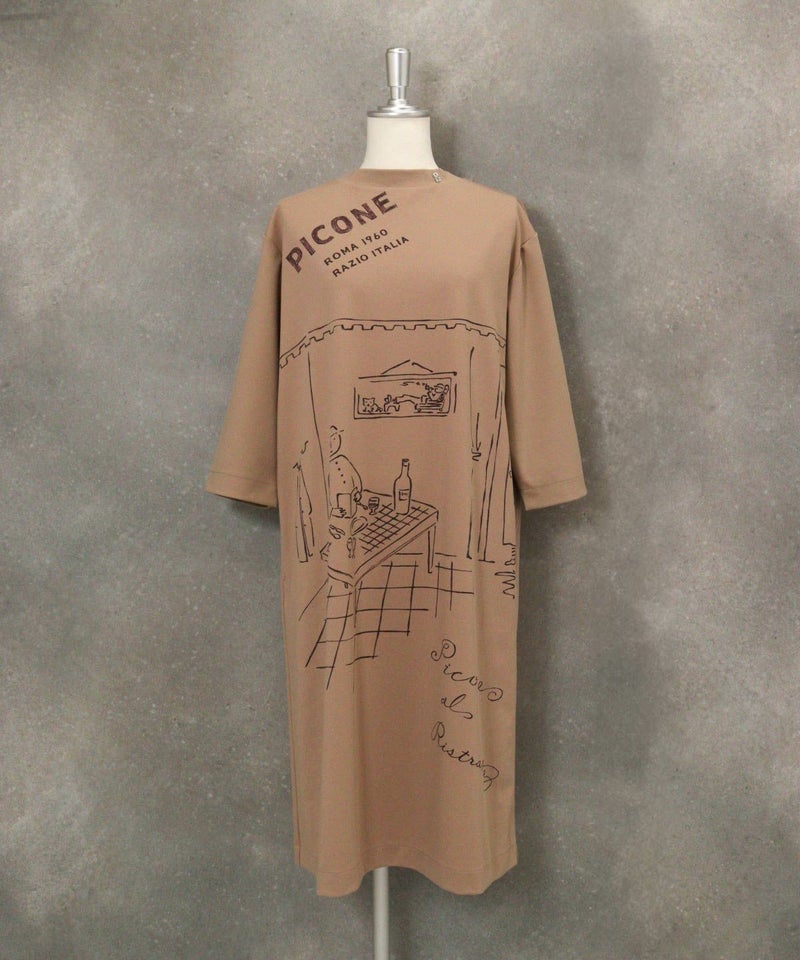 七分袖レストラン柄冷感ワンピース（キャメル）