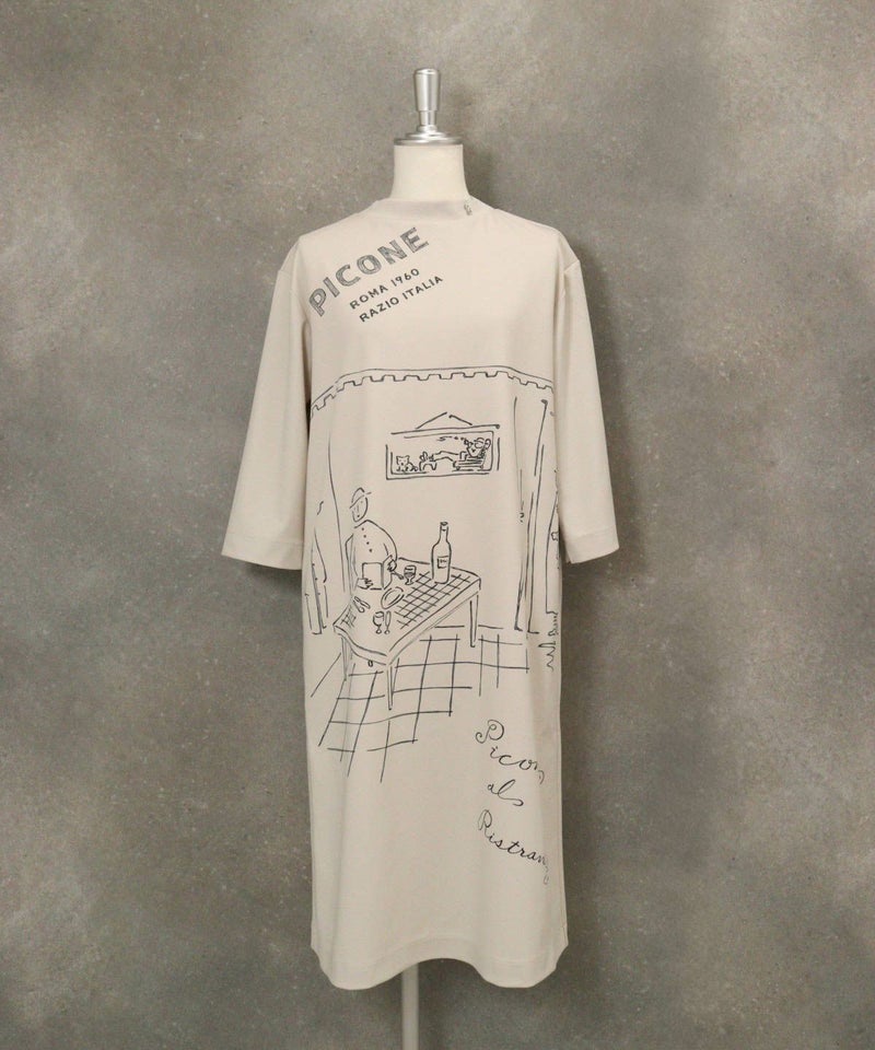 七分袖レストラン柄冷感ワンピース（ベージュ）