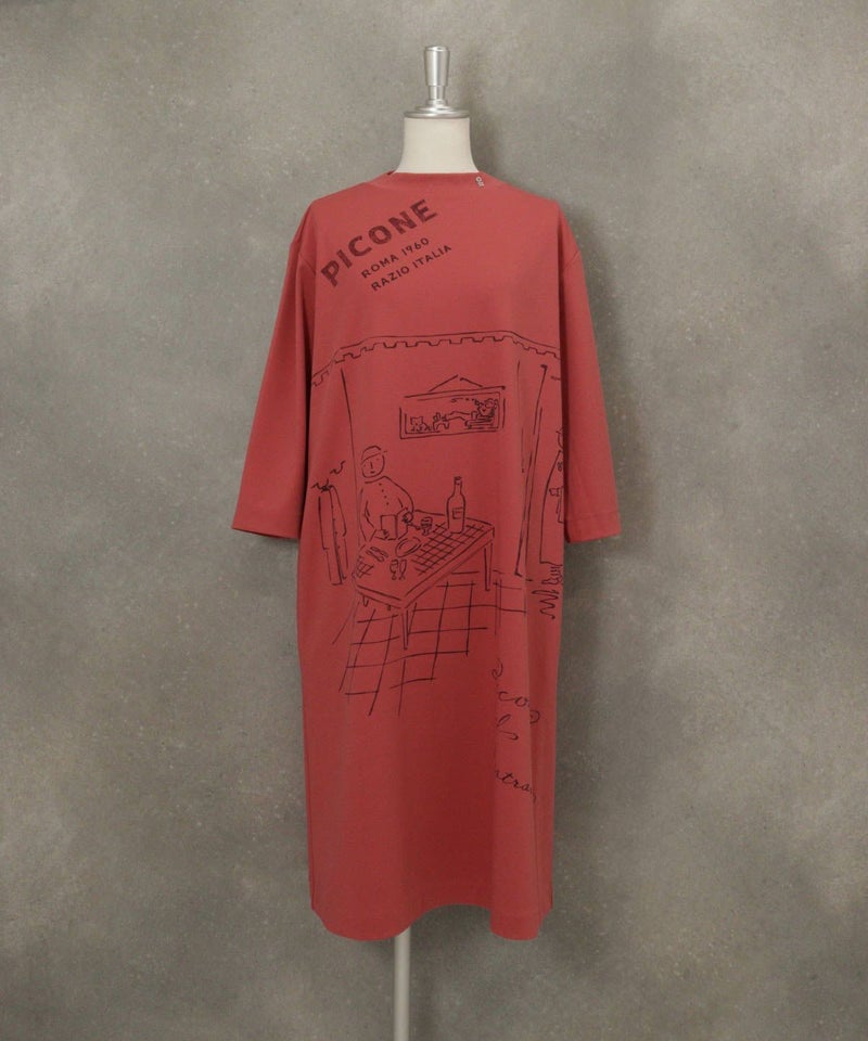 七分袖レストラン柄冷感ワンピース（ライトオレンジ）