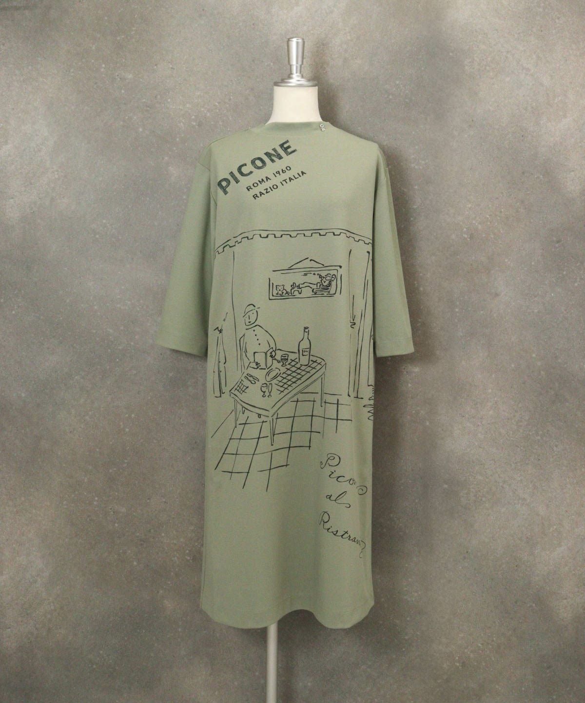 七分袖レストラン柄冷感ワンピース（グリーン）