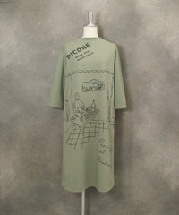 七分袖レストラン柄冷感ワンピース（グリーン）