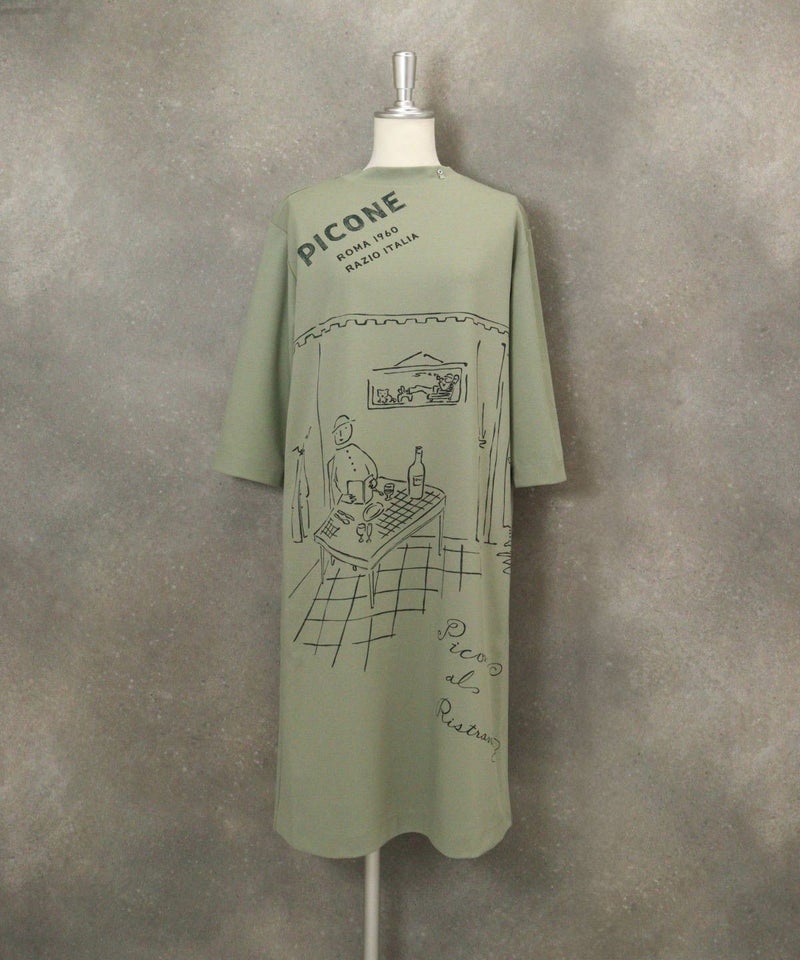 七分袖レストラン柄冷感ワンピース（グリーン）