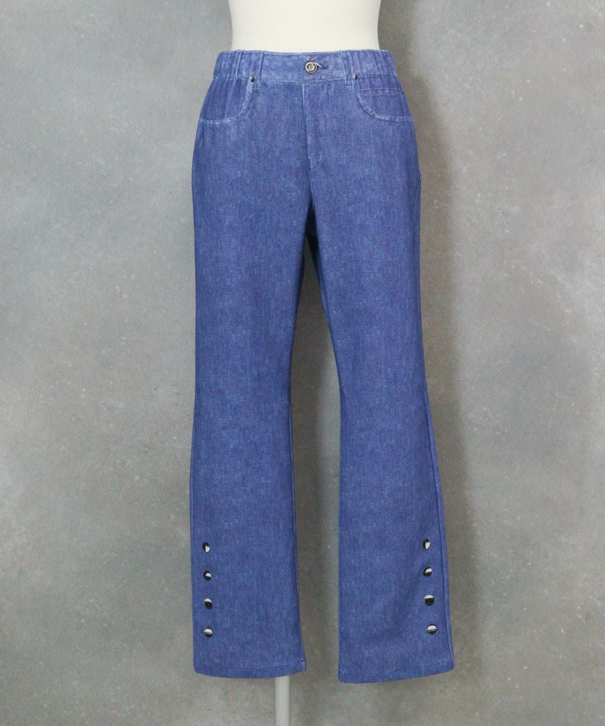 デニム風プリントボタンデザインパンツ（ブルー）