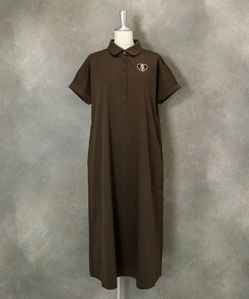 コットン100％ポロ襟ロングワンピース（ブラウン）