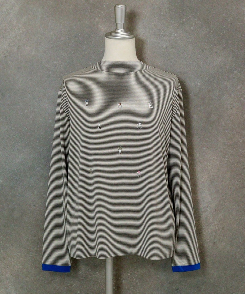 ビジュー付ボーダー発熱プルオーバー（ライトグレー）