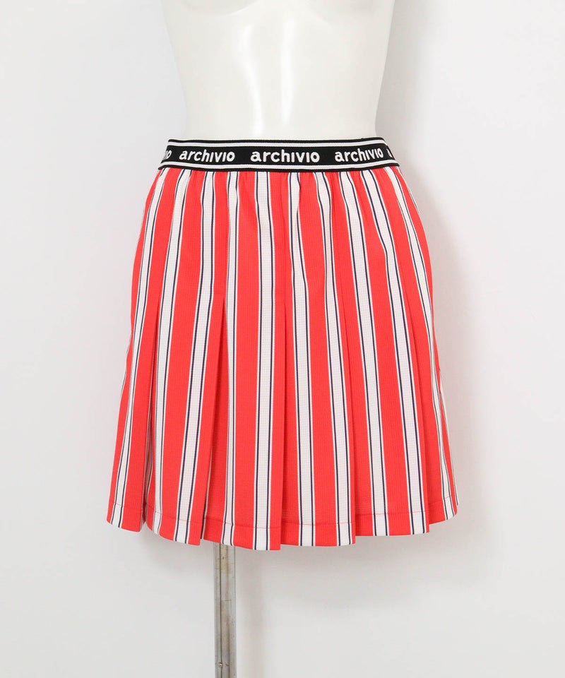 ストライプ柄速乾プリーツスカート(レッド)前
