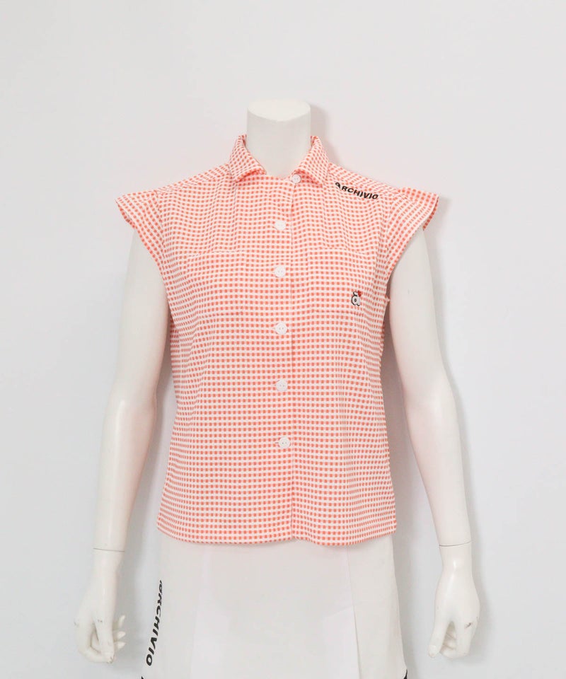 ギンガムチェック開襟プルオーバー(オレンジ)前