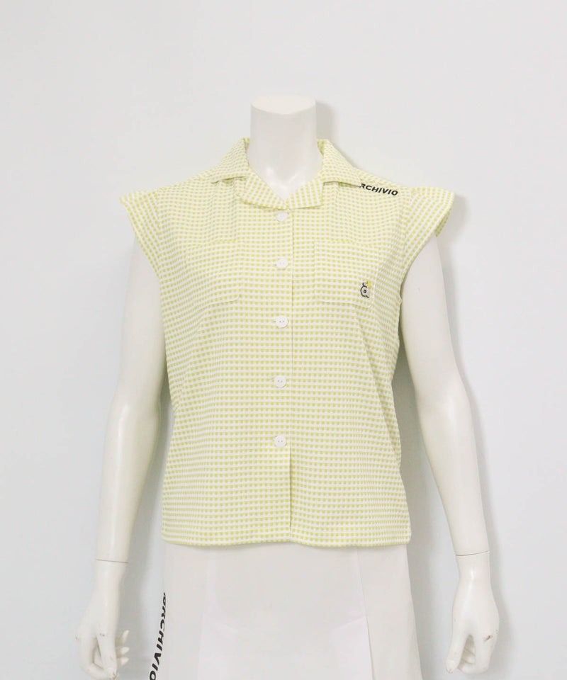 ギンガムチェック開襟プルオーバー(イエロー)前