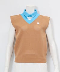 襟付きメッシュニットベスト(キャメル)前