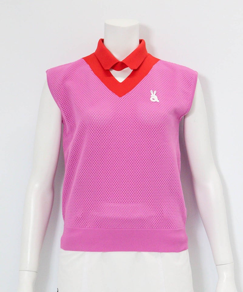 襟付きメッシュニットベスト(ピンク)前