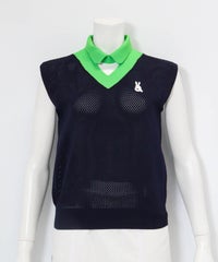 襟付きメッシュニットベスト(ネイビー)前