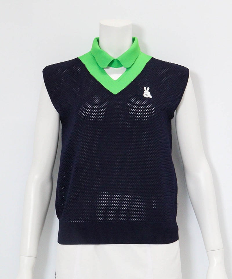 襟付きメッシュニットベスト(ネイビー)前