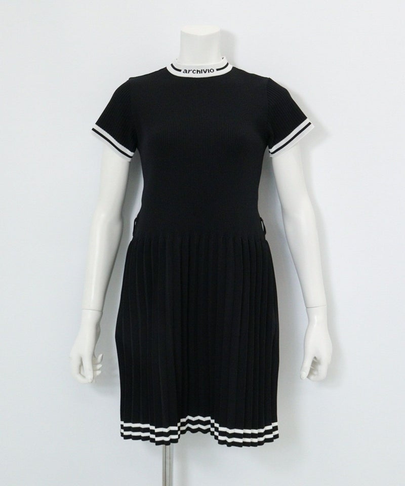 リブプリーツ切替ワンピース(ブラック)前