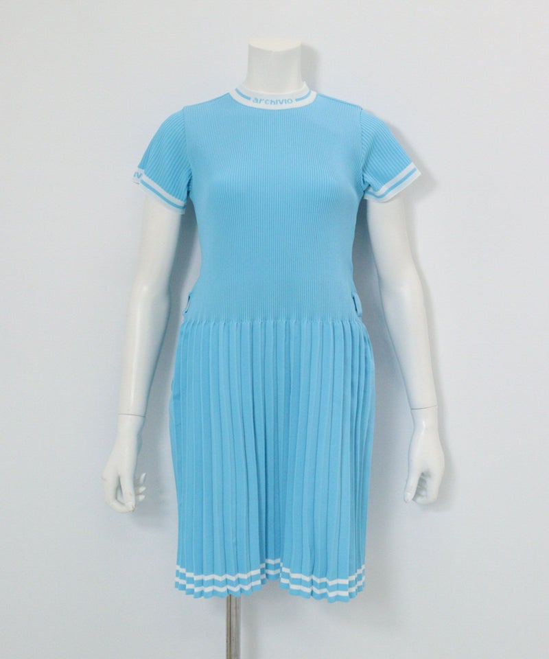 リブプリーツ切替ワンピース(ライトブルー)前