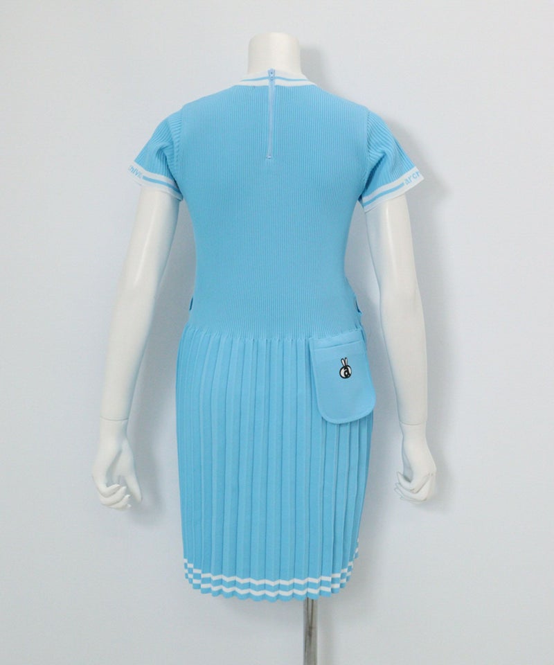 リブプリーツ切替ワンピース(ライトブルー)後ろ